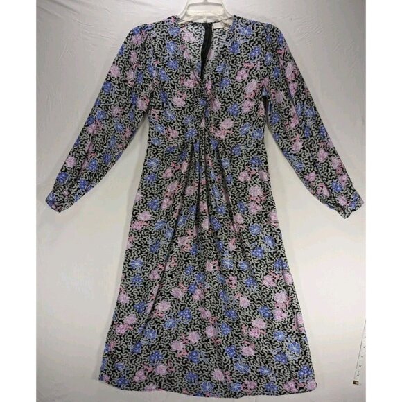 Loft Multicolor Floral Ruched Midi Dress V-Neck Long Sleeves Women's 0 Petite - Picture 1 of 6